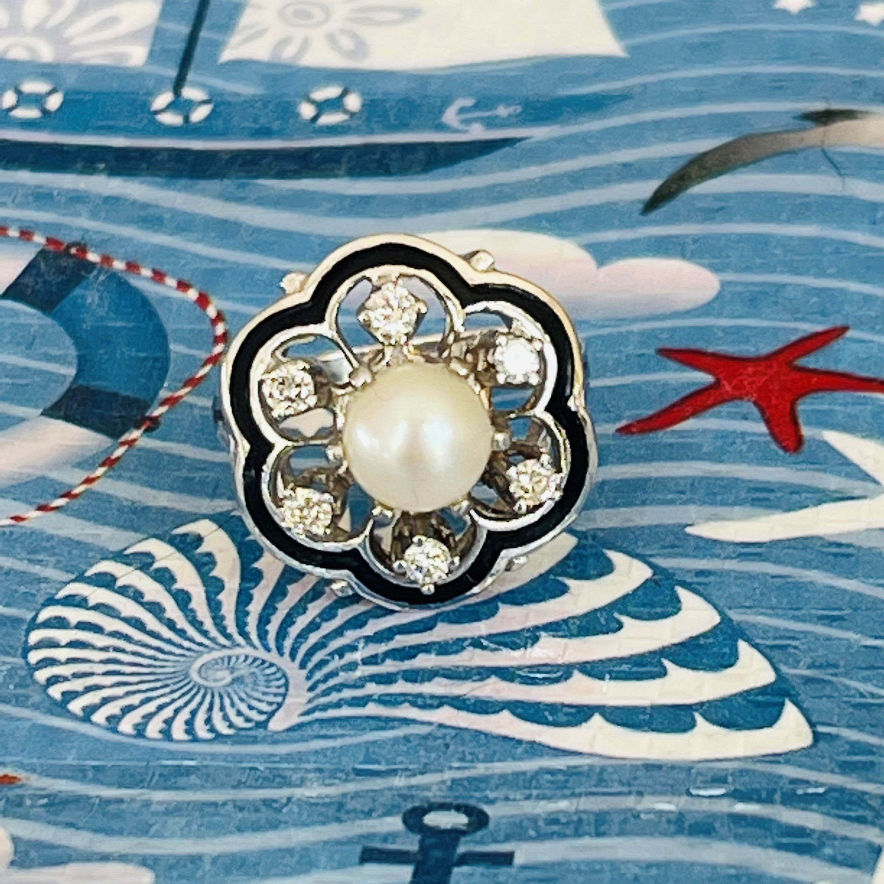 Diamond, Pearl, Enamel Camellia Dress Ring