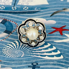 Diamond, Pearl, Enamel Camellia Dress Ring