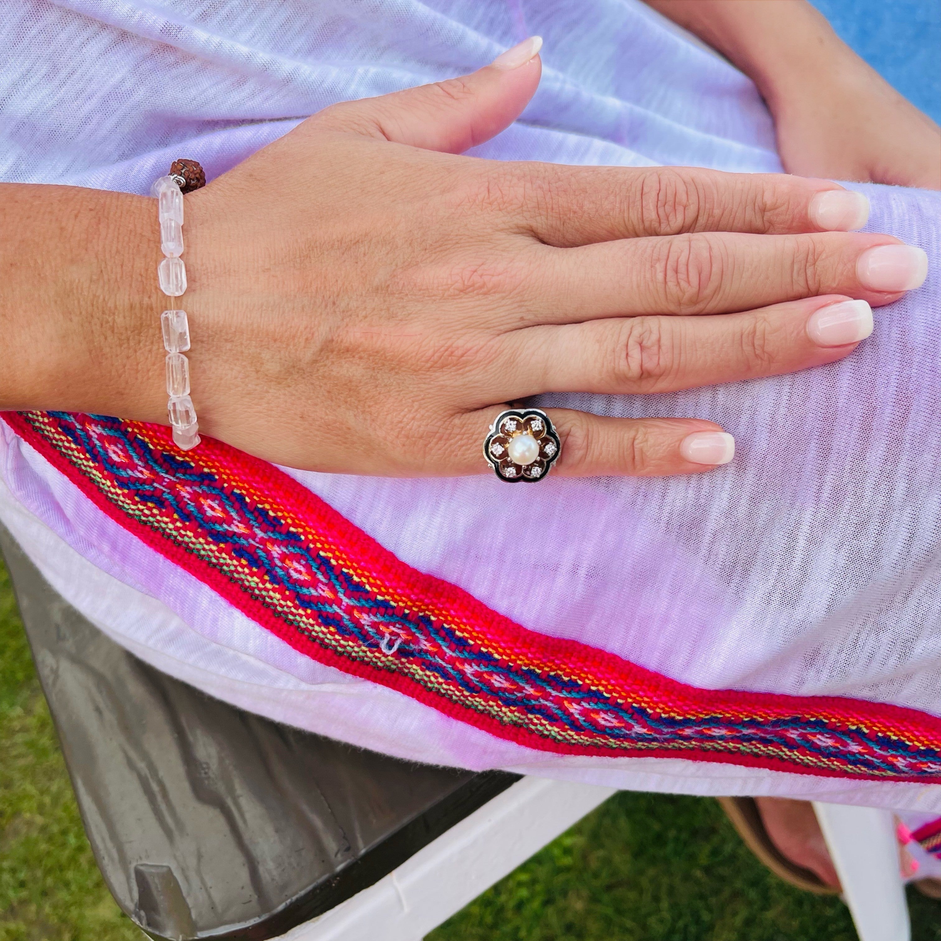 Diamond, Pearl, Enamel Camellia Dress Ring