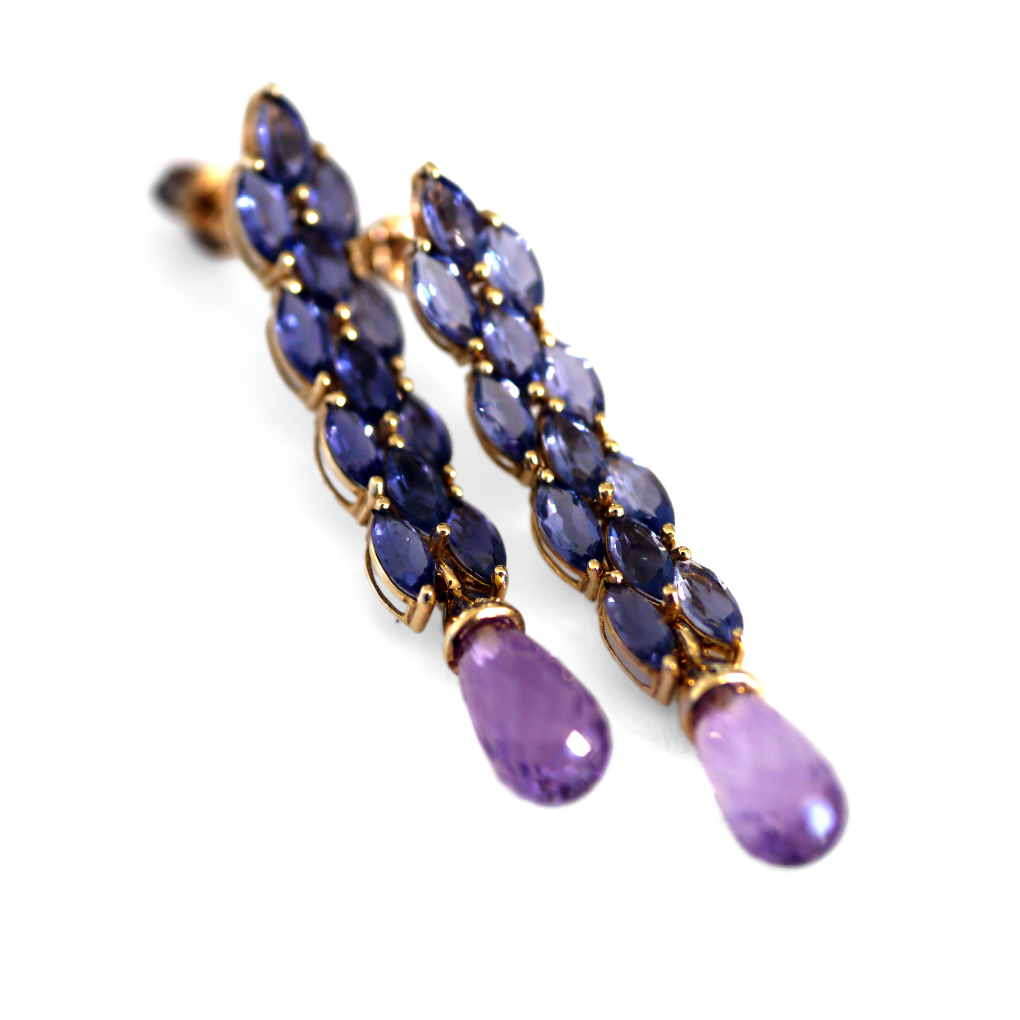 Alluring Amethyst & Iolite Cocktail Earrings photographed on a white background Edit alt text