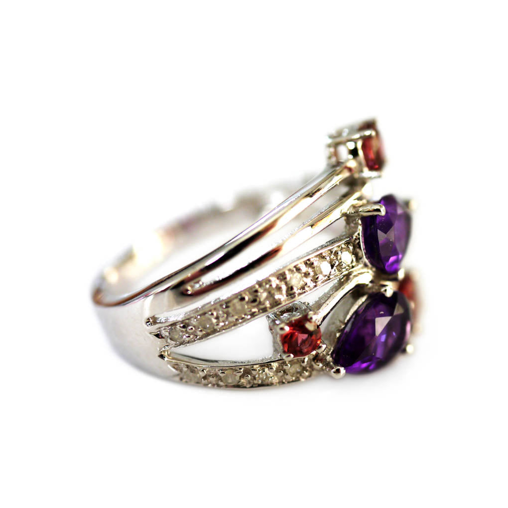 Diamond, Amethyst, Pink Garnet White Gold Dress Ring