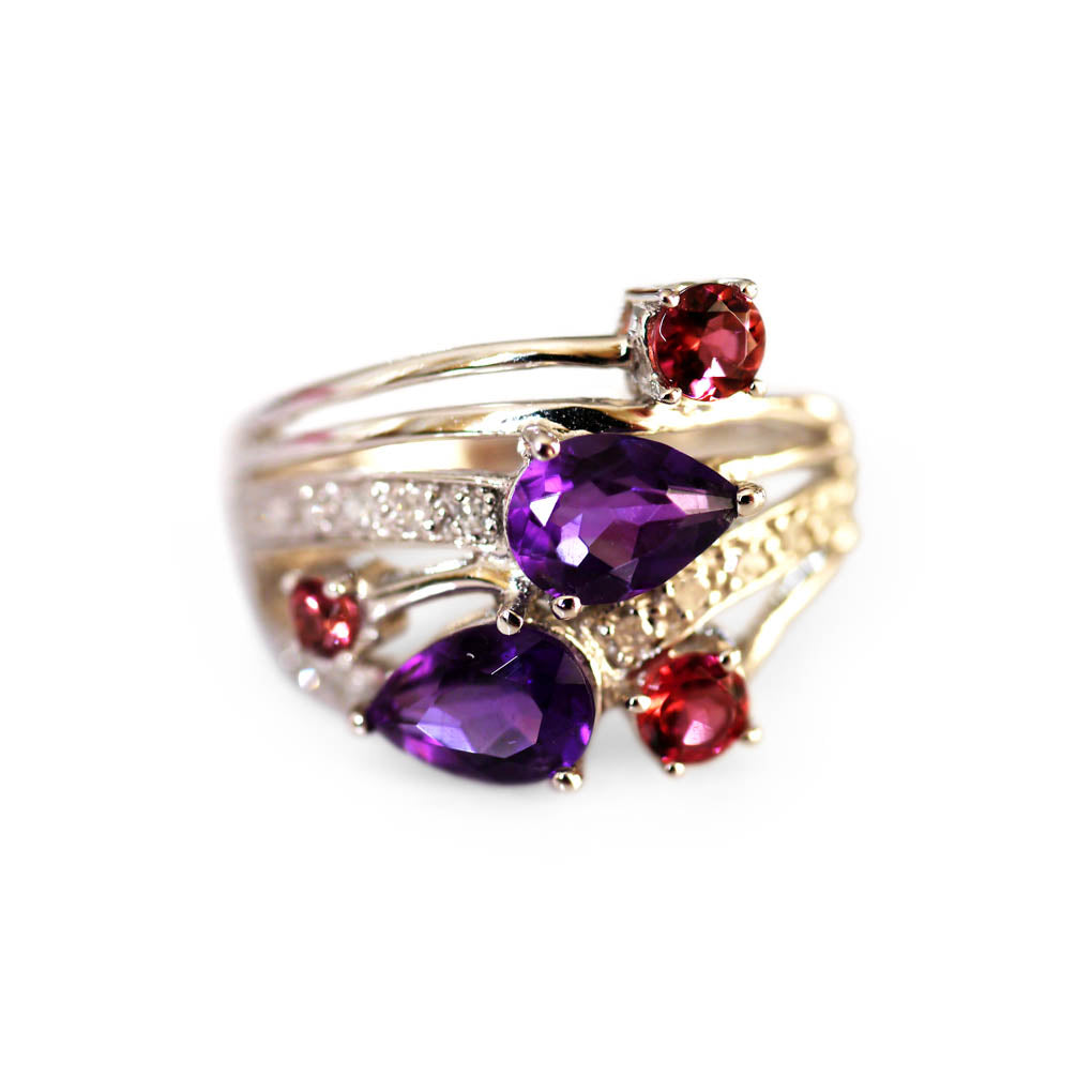 Diamond, Amethyst, Pink Garnet White Gold Dress Ring
