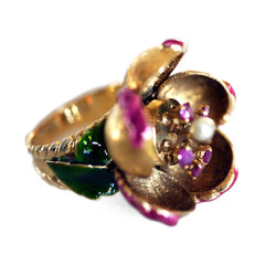 Articulated En Tremblant Enamel Pearl and Ruby Flower Cocktail Ring