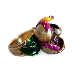 Articulated En Tremblant Enamel Pearl and Ruby Flower Cocktail Ring