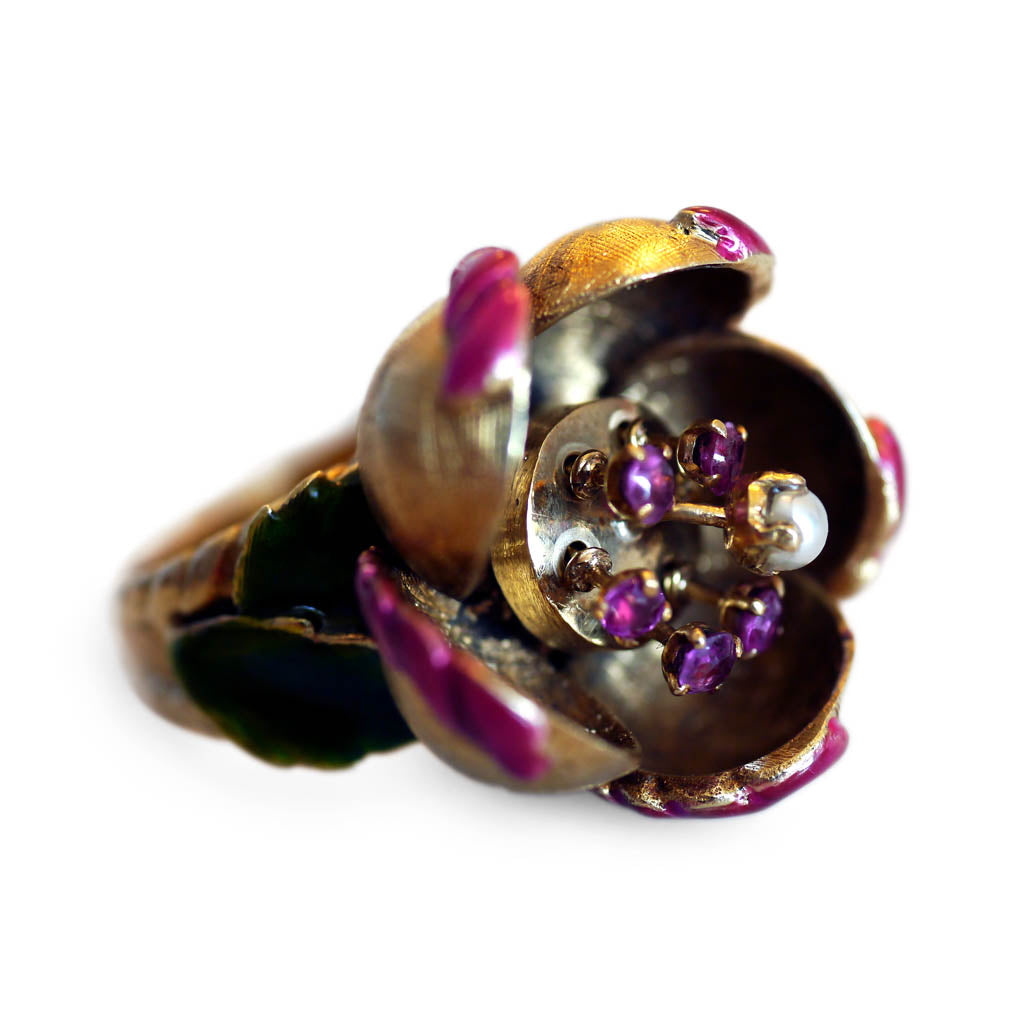 Articulated En Tremblant Enamel Pearl and Ruby Flower Cocktail Ring