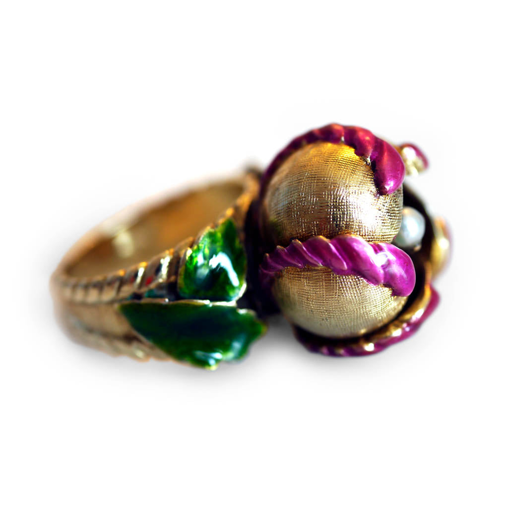 Articulated En Tremblant Enamel Pearl and Ruby Flower Cocktail Ring