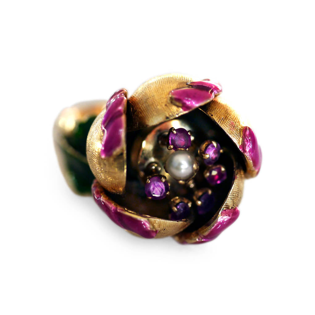 Articulated En Tremblant Enamel Pearl and Ruby Flower Cocktail Ring