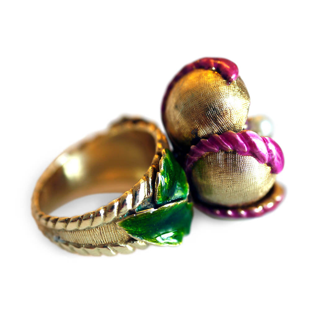 Articulated En Tremblant Enamel Pearl and Ruby Flower Cocktail Ring