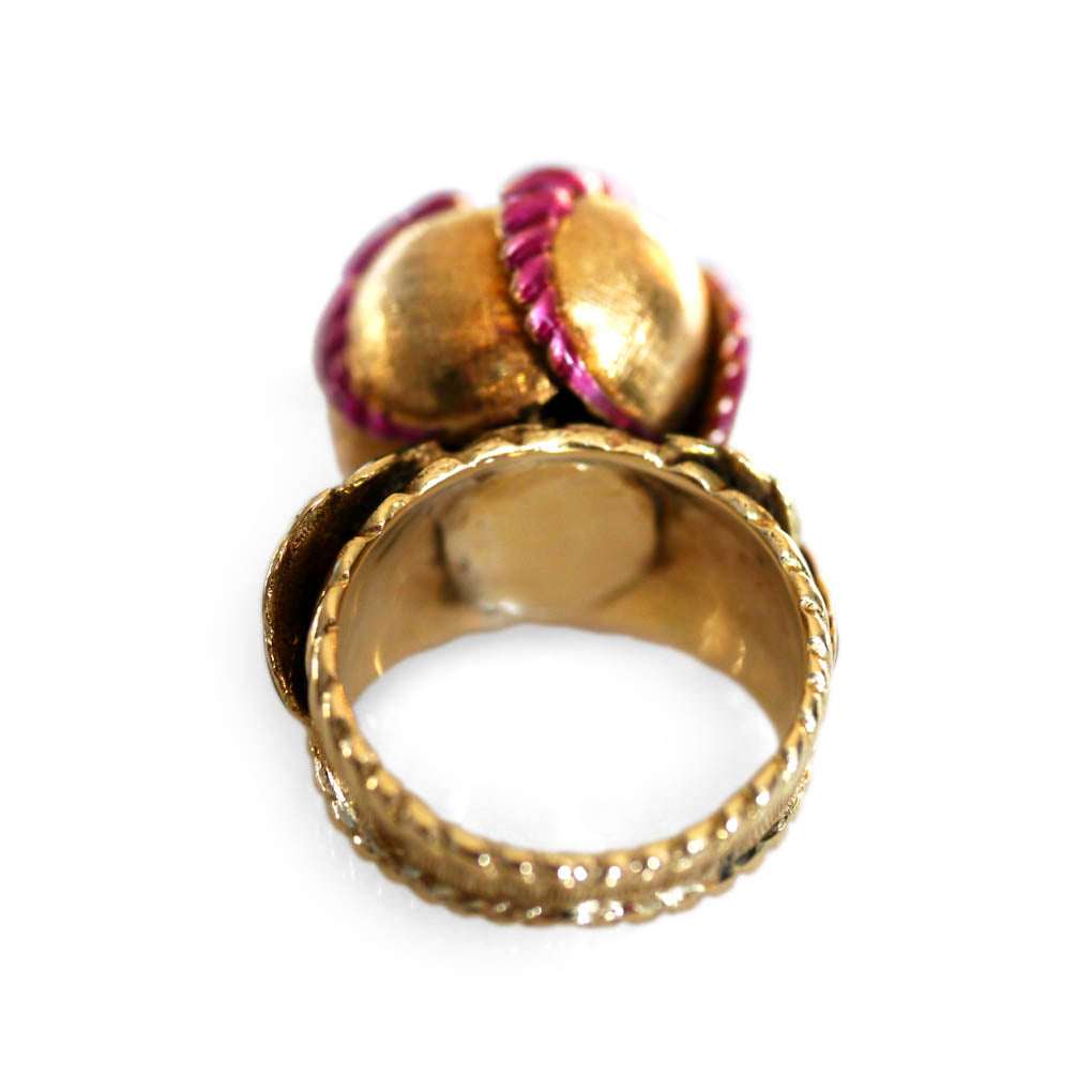Articulated En Tremblant Enamel Pearl and Ruby Flower Cocktail Ring