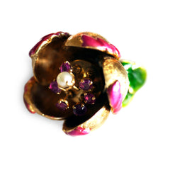 Articulated En Tremblant Enamel Pearl and Ruby Flower Cocktail Ring