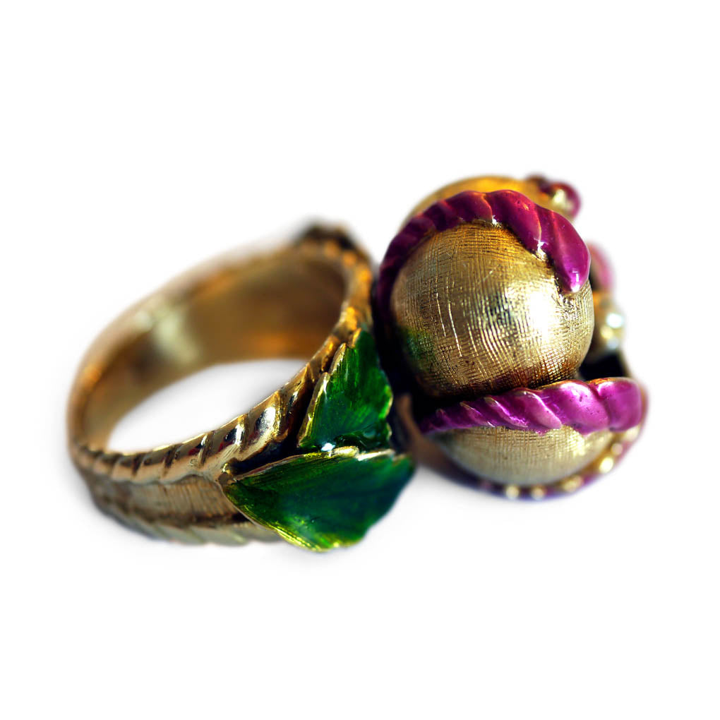 Articulated En Tremblant Enamel Pearl and Ruby Flower Cocktail Ring