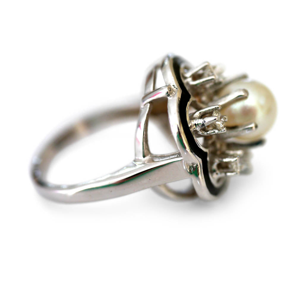Diamond, Pearl, Enamel Camellia Dress Ring
