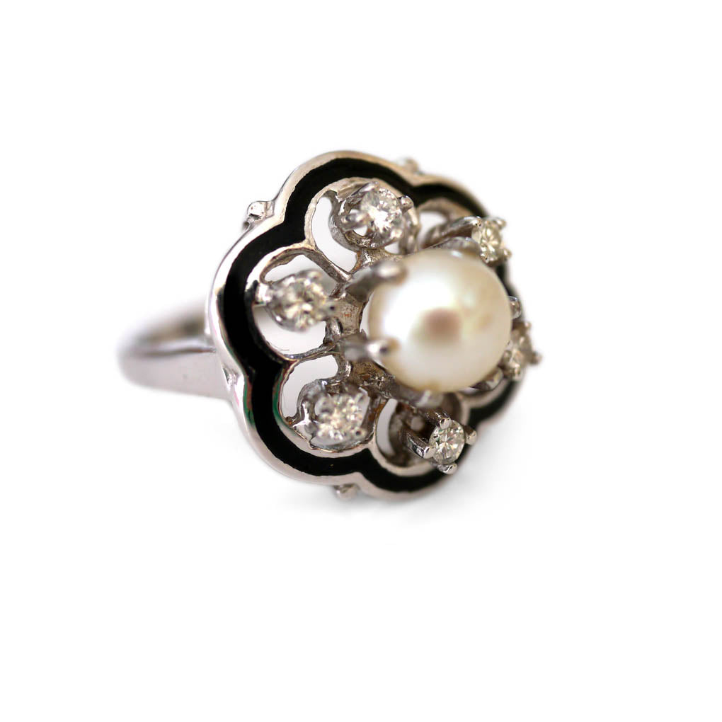 Diamond, Pearl, Enamel Camellia Dress Ring