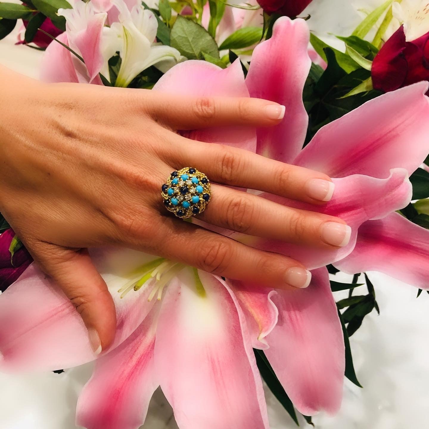 Enormous Diamond, Sapphire & Turquoise Cocktail Ring
