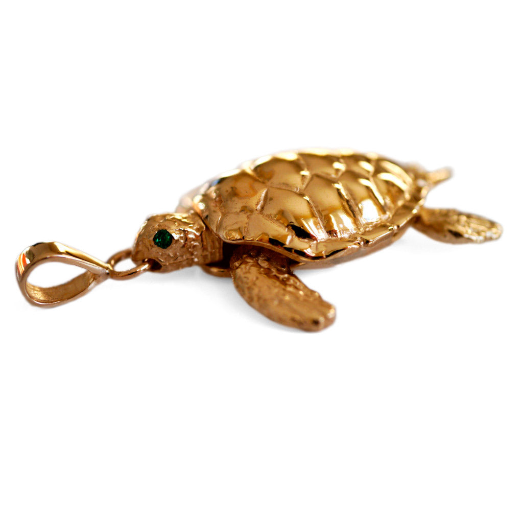 Vintage Emerald Eyed Gold Articulated Turtle Pendant