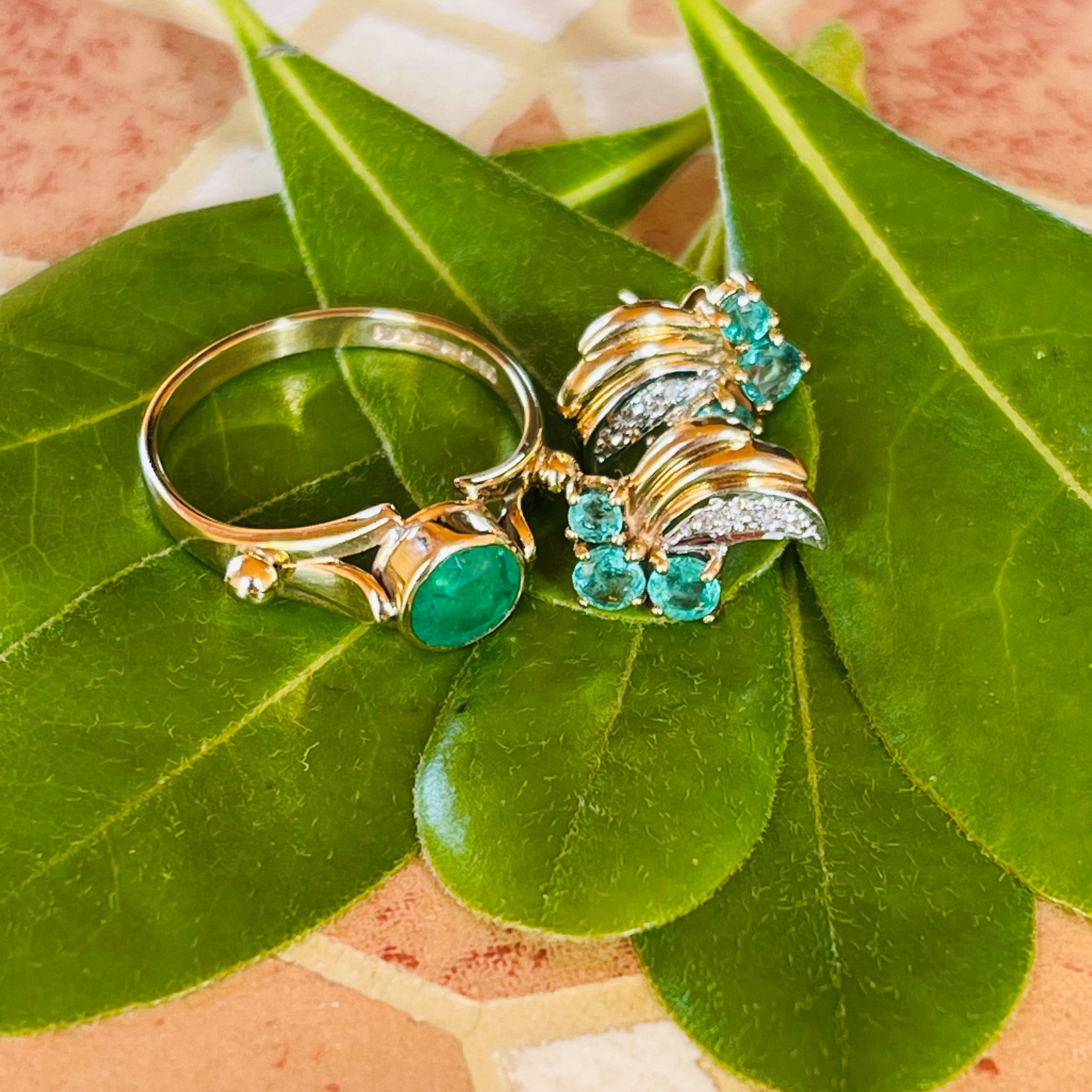 Electric Emerald and Diamond Foliate Stud Earrings