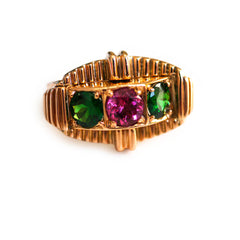 Green Tsavorite Garnets and Pink Tourmaline Modernist Ring