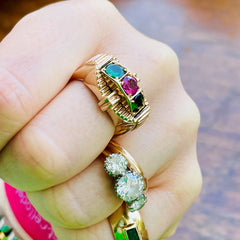 Green Tsavorite Garnets and Pink Tourmaline Modernist Ring
