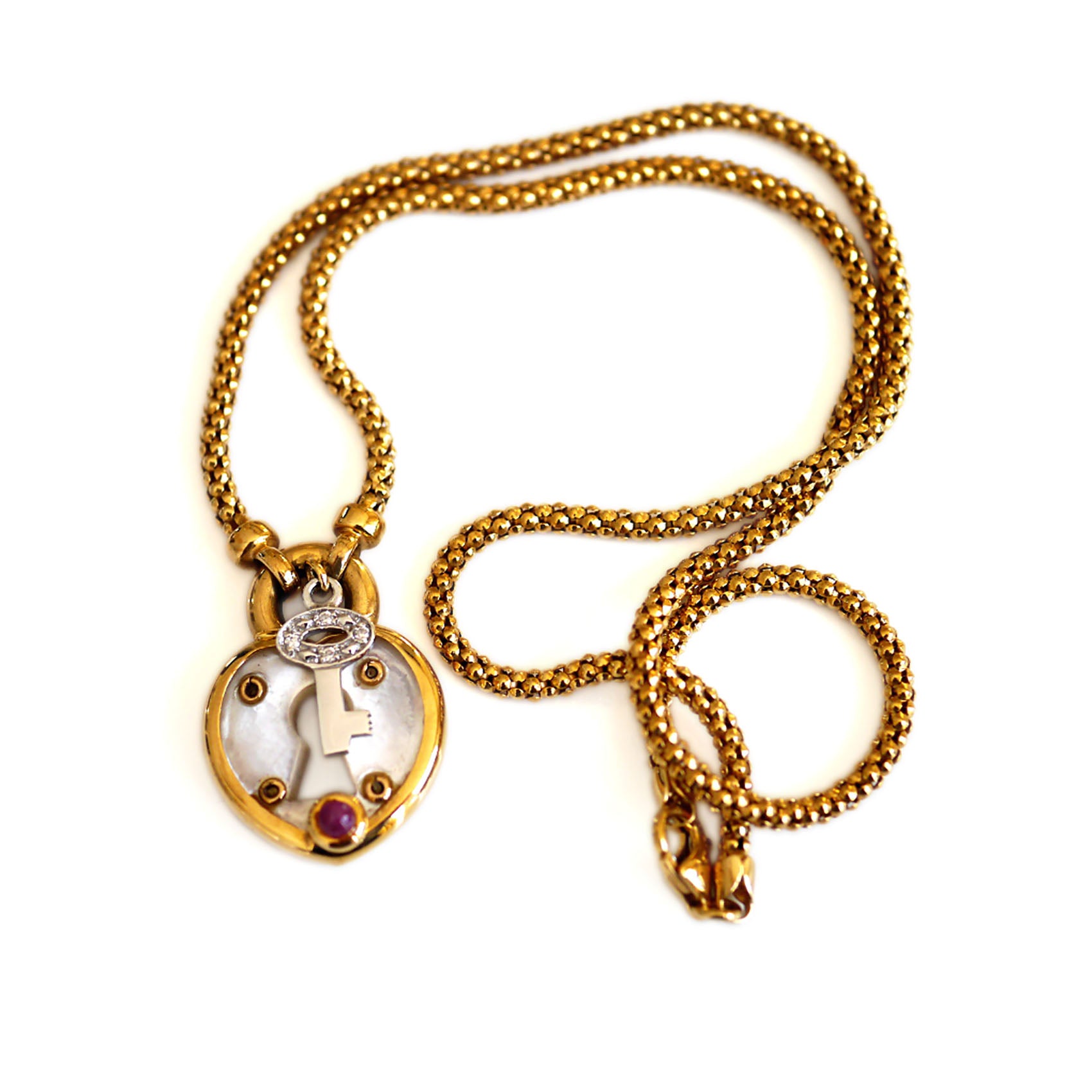 Diamond, Mother of Pearl & Ruby Heart Pendant  Necklace