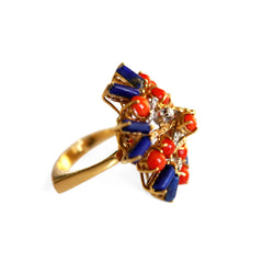 1970s Diamond, Coral and Lapis Modernist Cocktail Ring