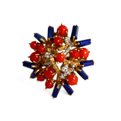 1970s Diamond, Coral and Lapis Modernist Cocktail Ring