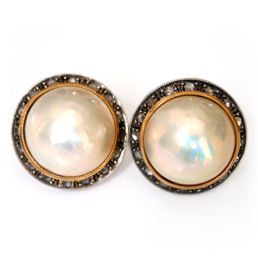 Italian Round Pearl Cabochon Diamond Vintage Earrings