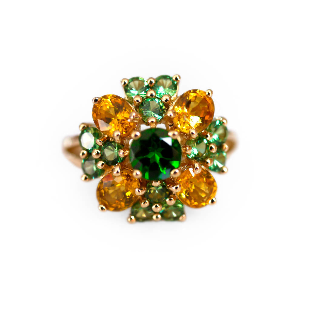 Green Tsavorite Garnets and Yellow Sapphires Cocktail Ring