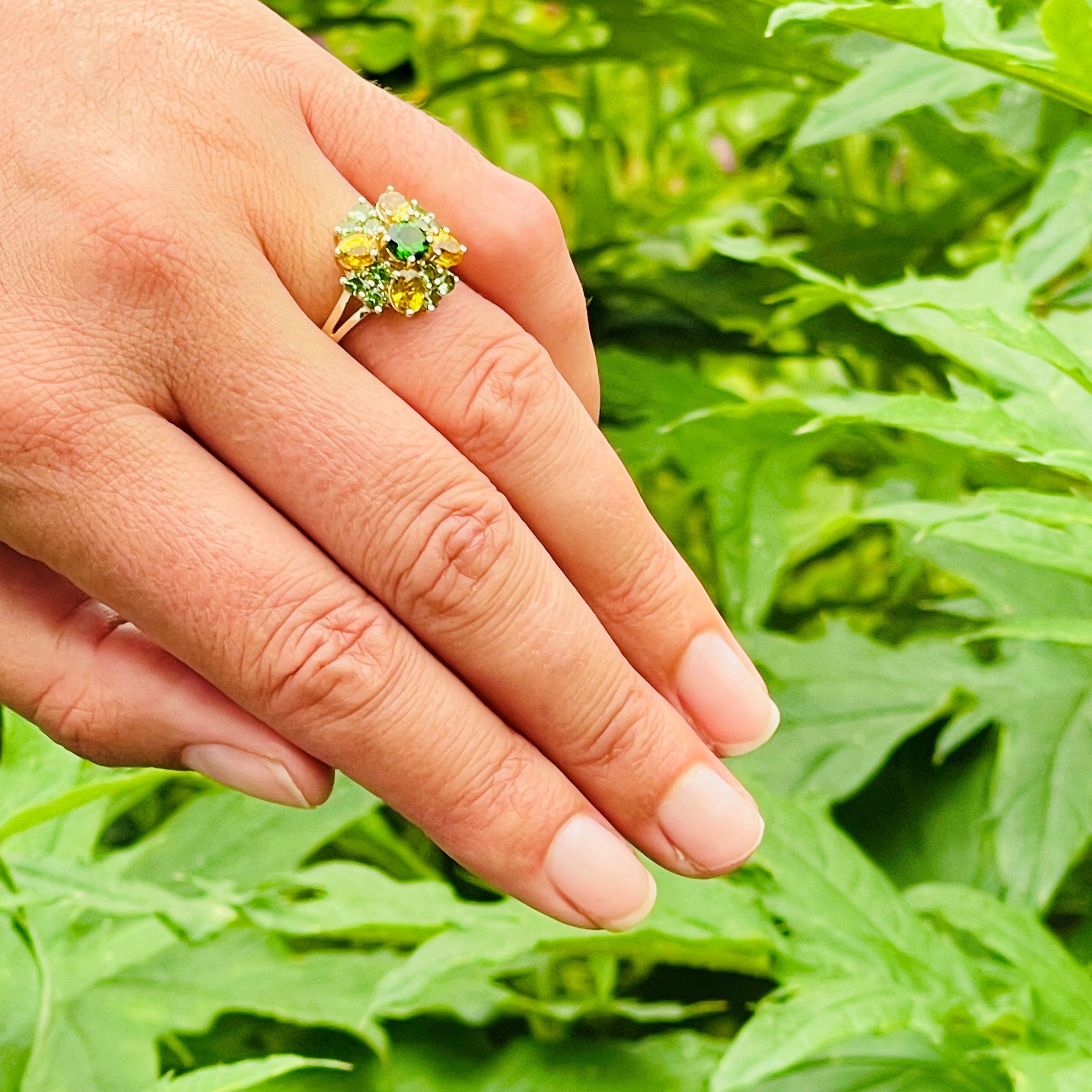 Green Tsavorite Garnets and Yellow Sapphires Cocktail Ring