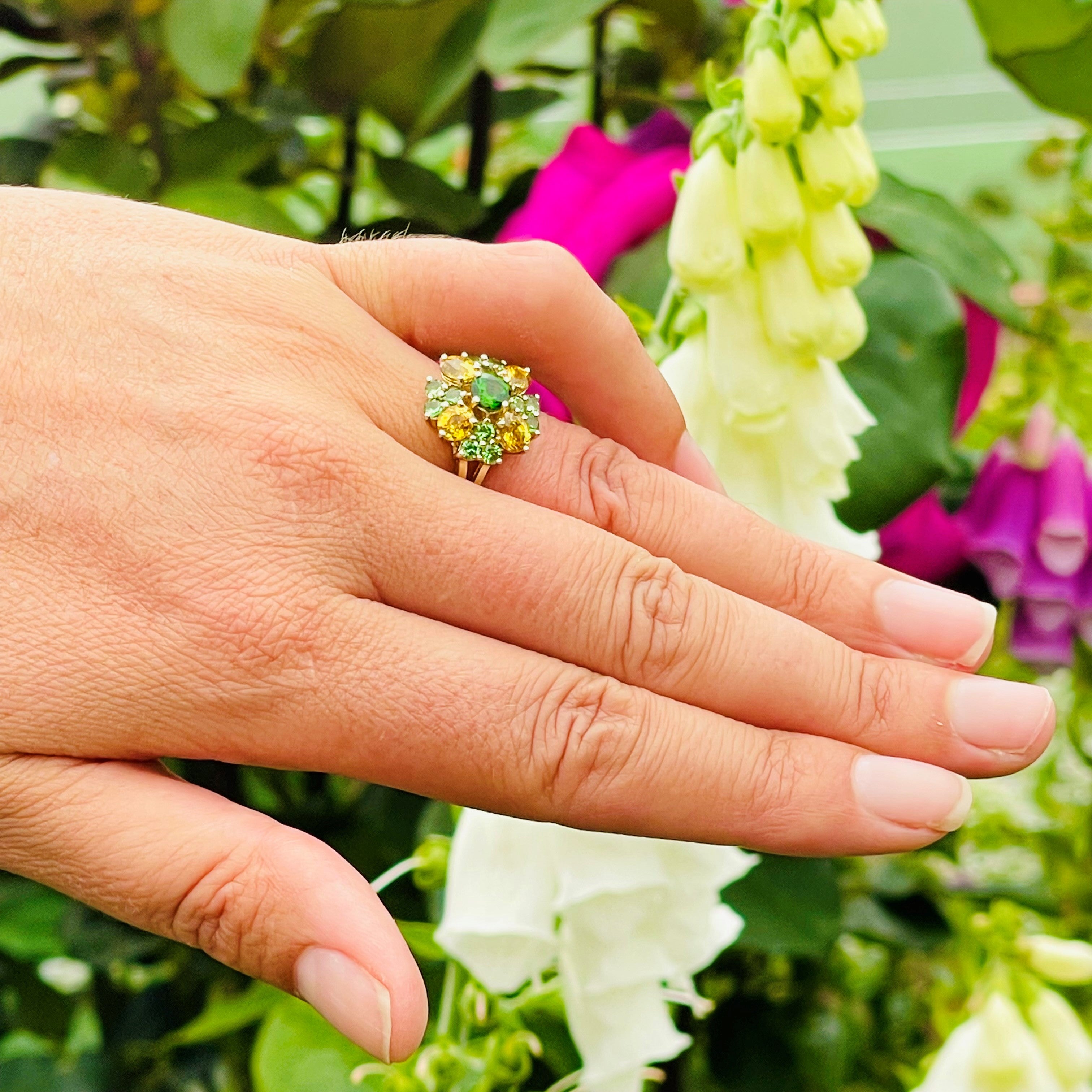 Green Tsavorite Garnets and Yellow Sapphires Cocktail Ring