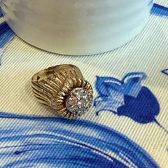 Diamond Sunburst Domed Signet Ring 1970s