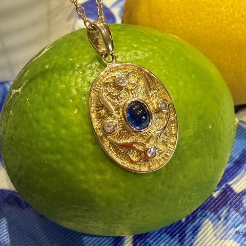 Cabochon Blue Ceylon Sapphire & Diamond Necklace