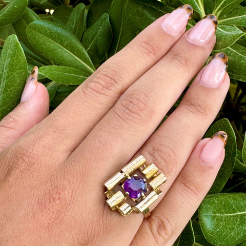Amethyst Scroll Gold Ring c.1970s