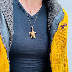 Emerald Eyed Gold Articulated Turtle Pendant c.1980s