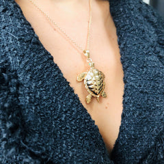 Emerald Eyed Gold Articulated Turtle Pendant c.1980s