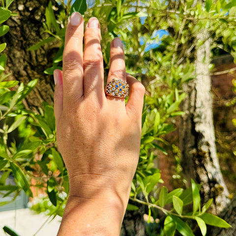 Baroque Blue Topaz and Sapphire Latticed Cocktail Ring c.1980s