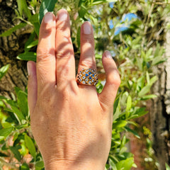 Baroque Blue Topaz and Sapphire Latticed Cocktail Ring c.1980s