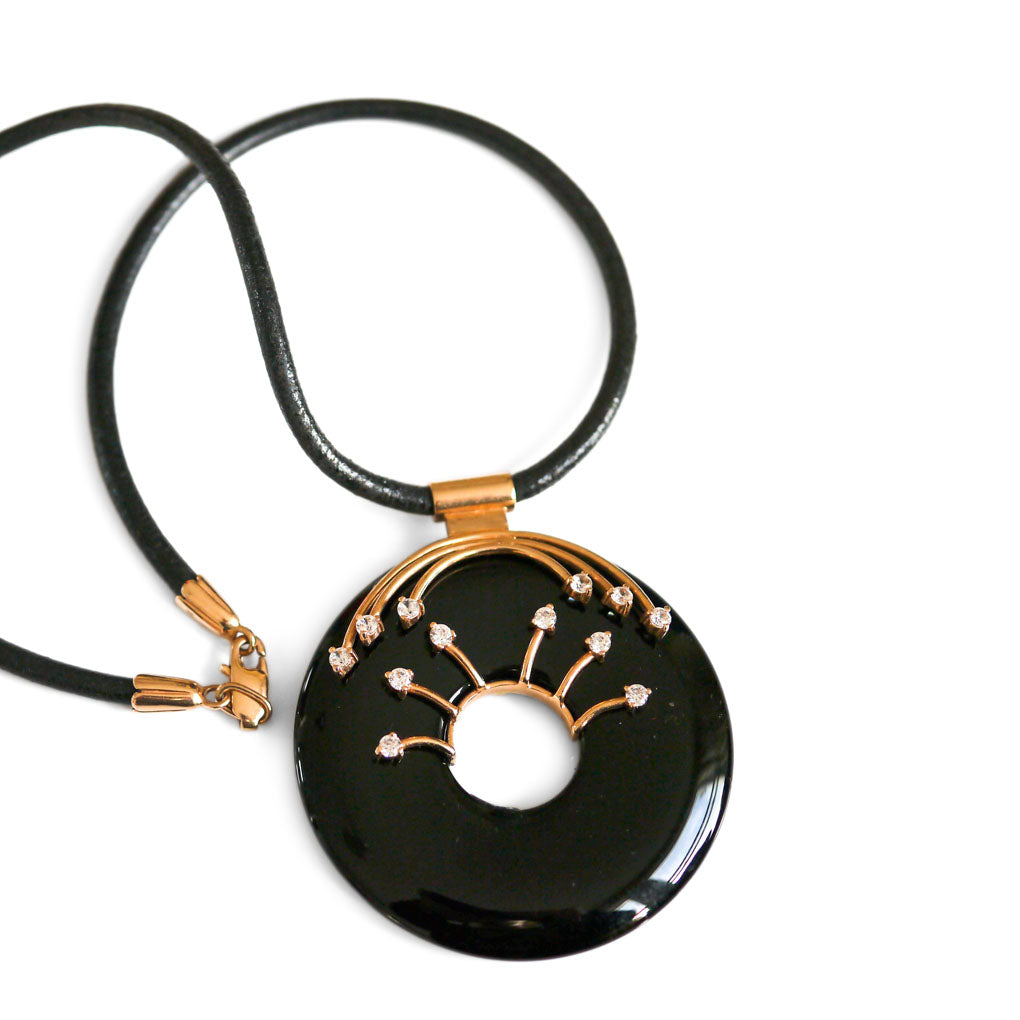 Black Onyx and White Sapphire Rose Gold Circular Cocktail Necklace c.1980s