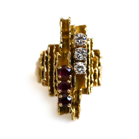Brutalist Diamond and Ruby Column Cocktail Ring 1974