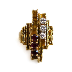 Brutalist Diamond and Ruby Column Cocktail Ring 1974