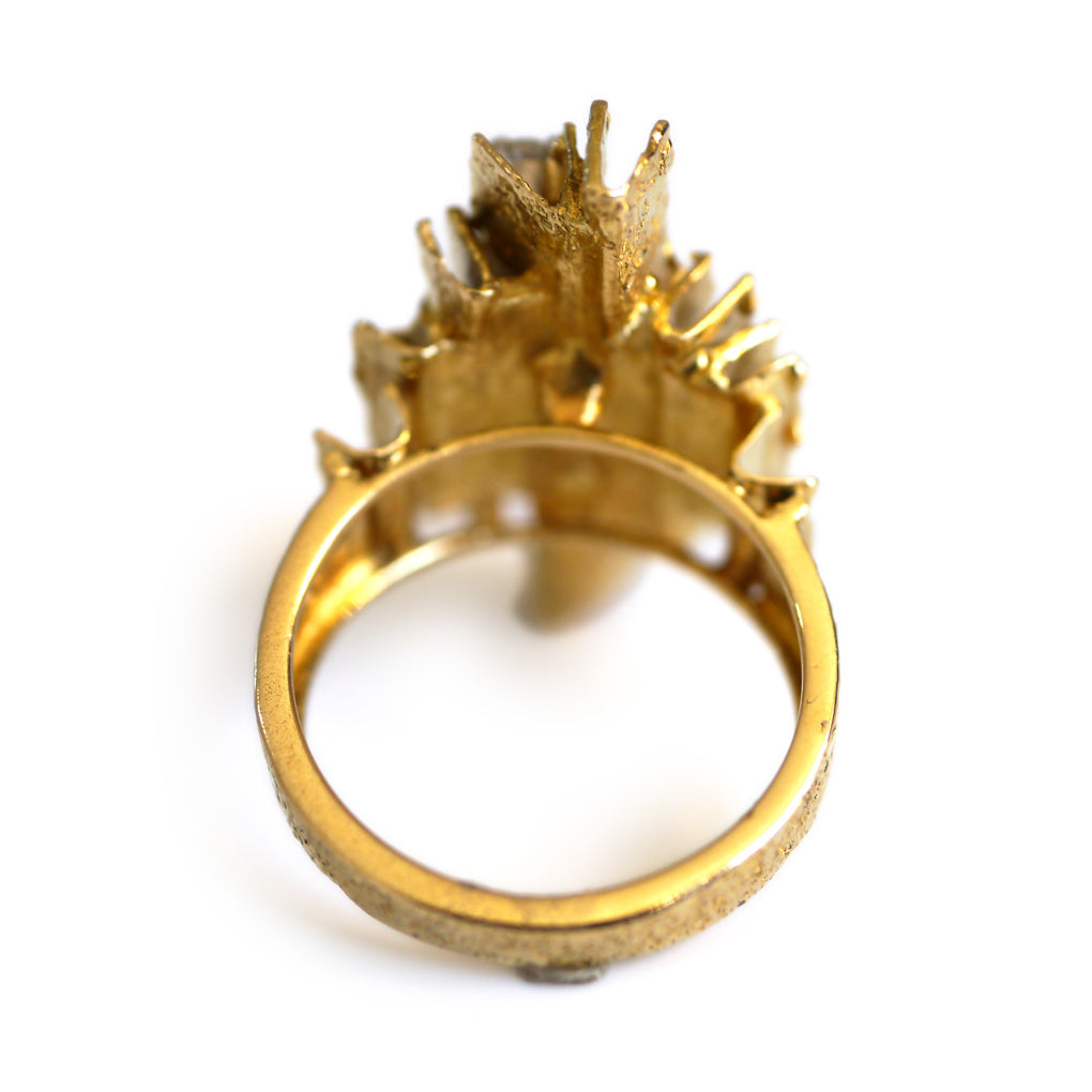 Brutalist Diamond and Ruby Column Cocktail Ring 1974