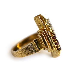Brutalist Diamond and Ruby Column Cocktail Ring 1974