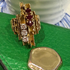 Brutalist Diamond and Ruby Column Cocktail Ring 1974