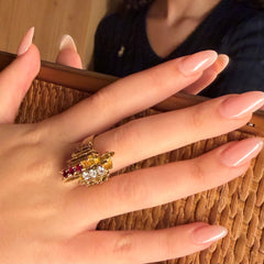 Brutalist Diamond and Ruby Column Cocktail Ring 1974