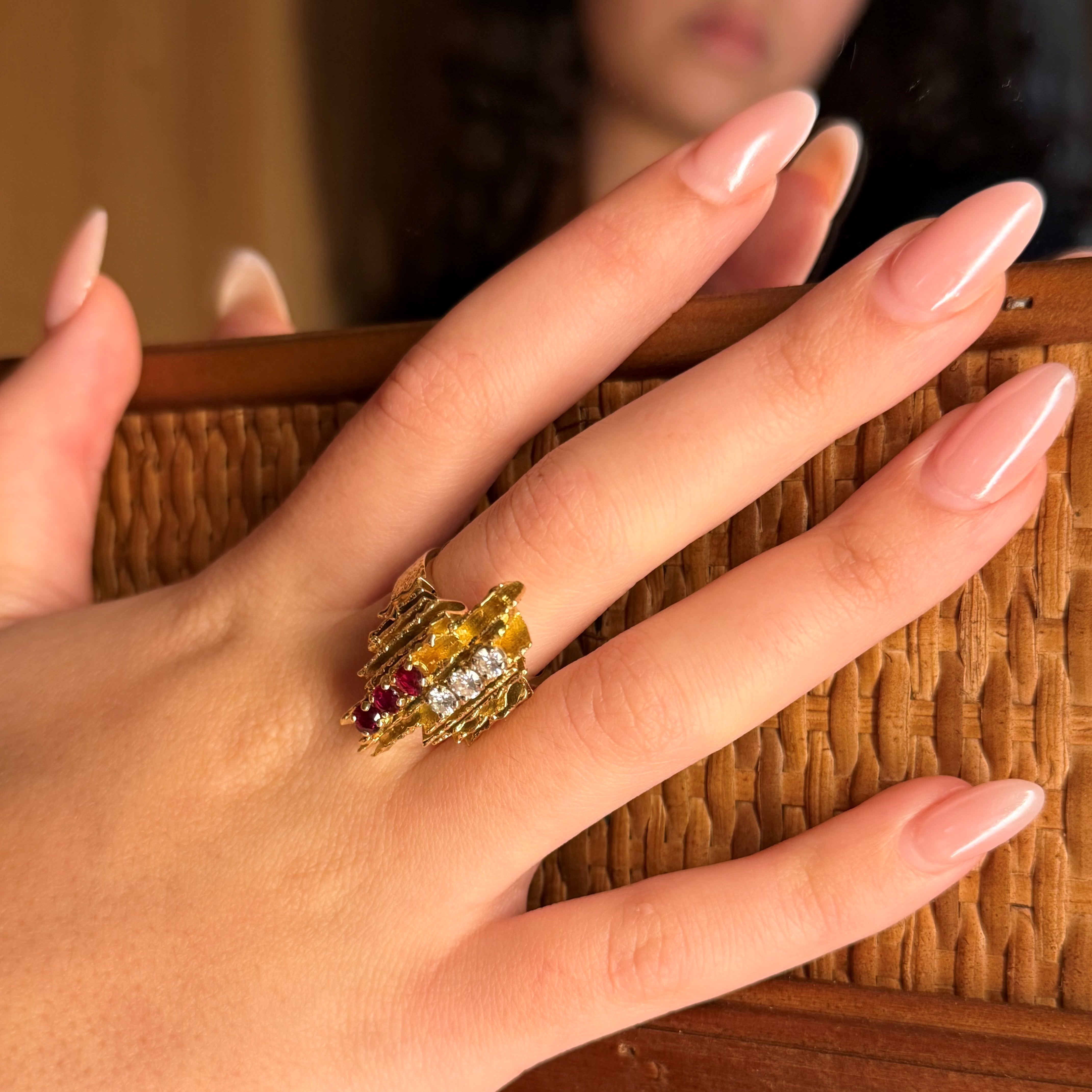 Brutalist Diamond and Ruby Column Cocktail Ring 1974