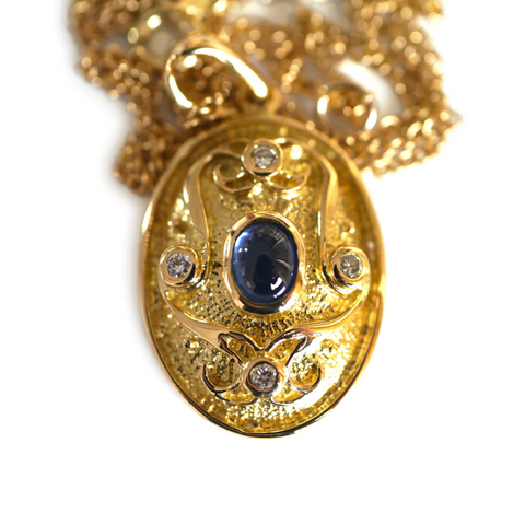 Cabochon Blue Ceylon Sapphire & Diamond Necklace