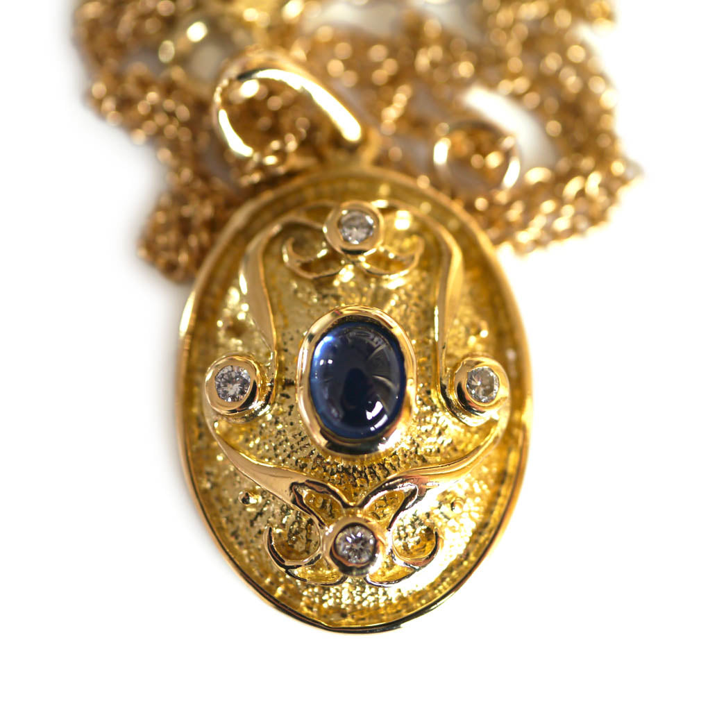 Cabochon Blue Ceylon Sapphire & Diamond Necklace