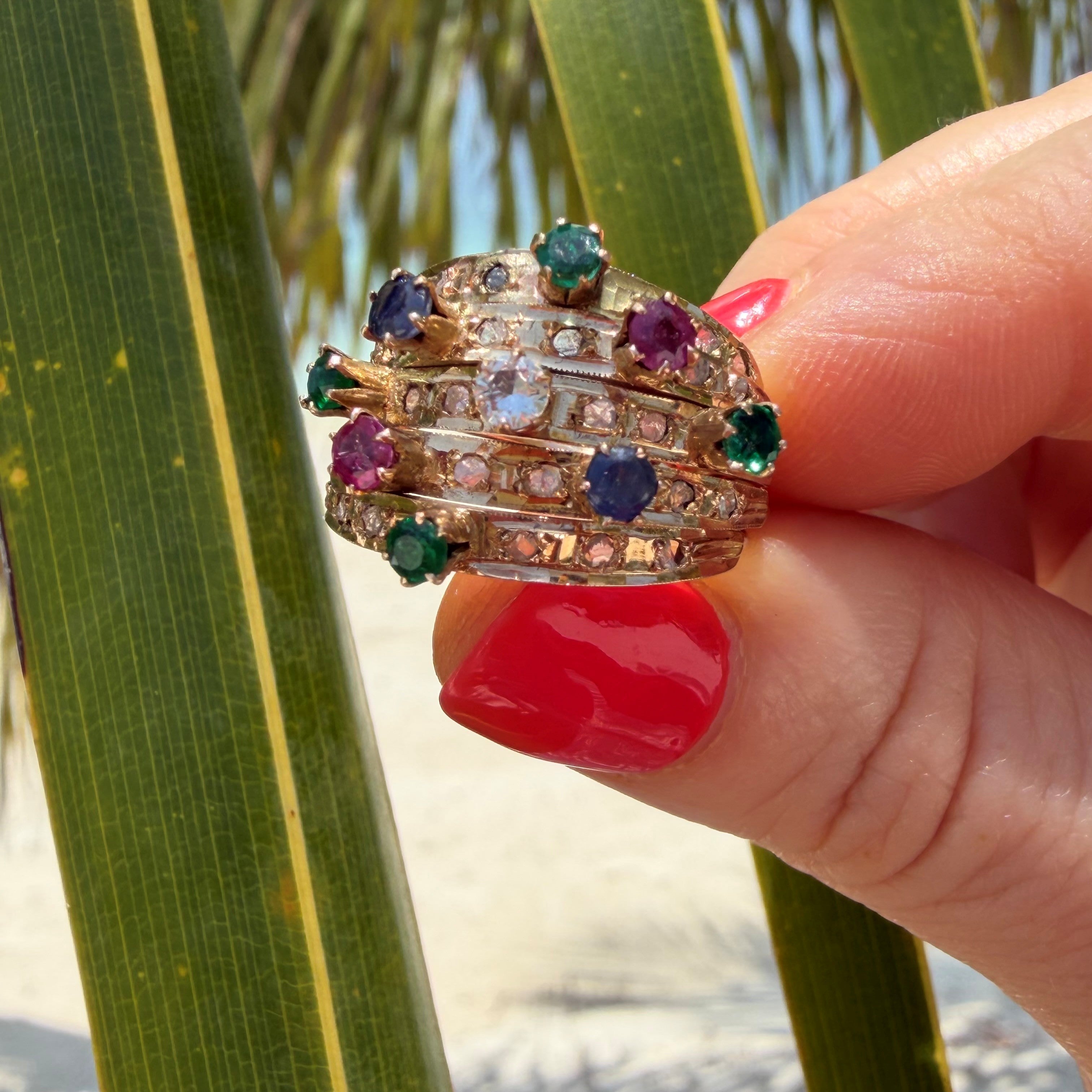 Diamond, Emerald, Ruby, Sapphire Carnival Cocktail Ring 1978