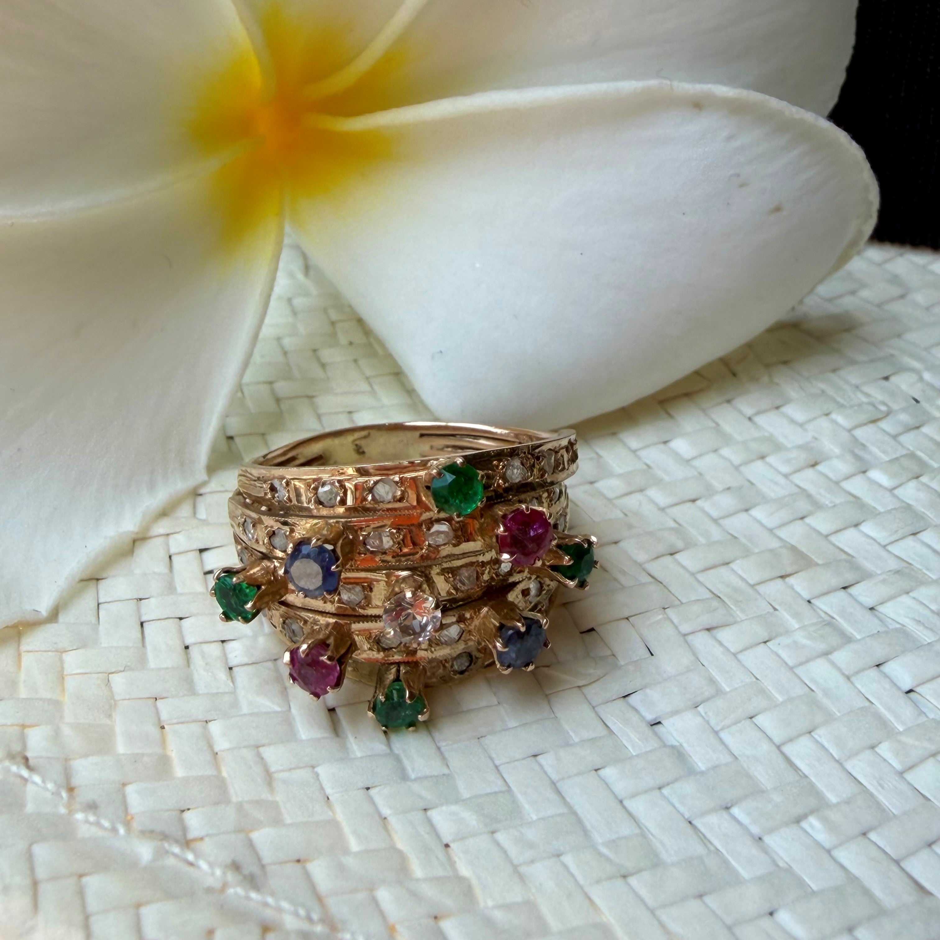 Diamond, Emerald, Ruby, Sapphire Carnival Cocktail Ring 1978