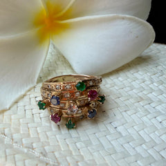 Diamond, Emerald, Ruby, Sapphire Carnival Cocktail Ring 1978