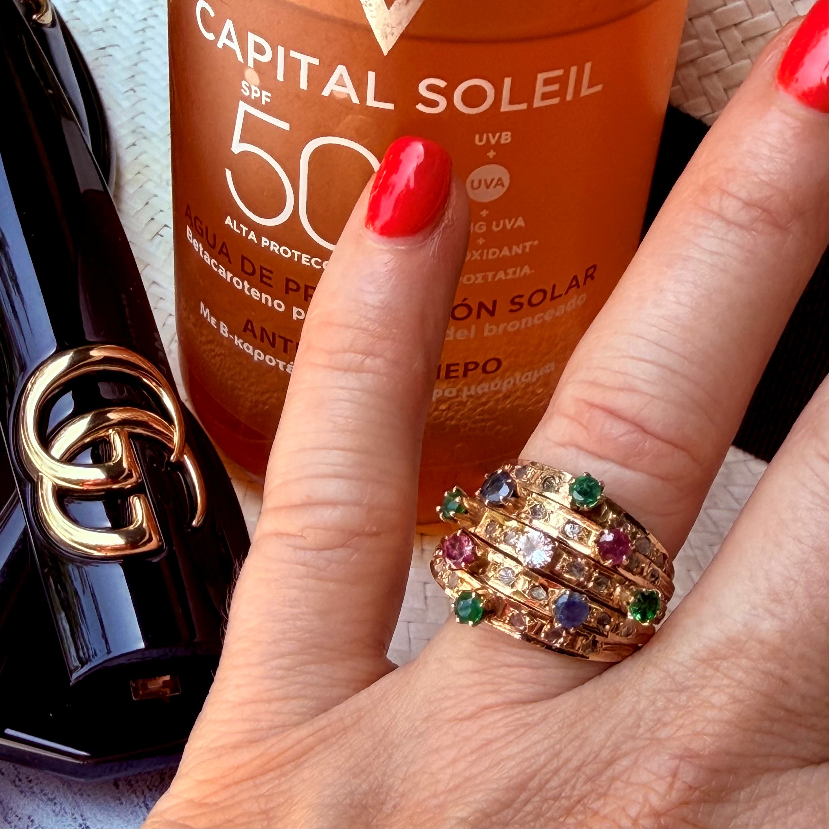 Diamond, Emerald, Ruby, Sapphire Carnival Cocktail Ring 1978